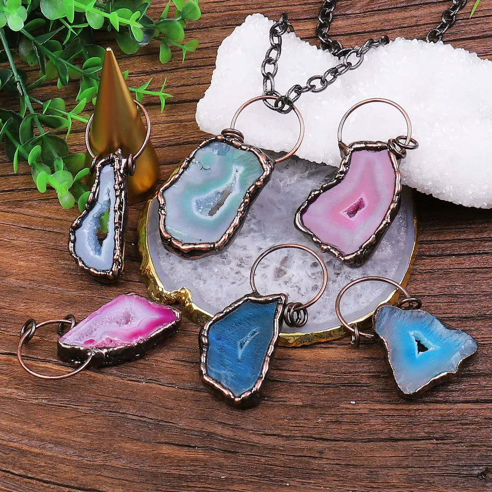 Natural Agate Druzy Slices Plated Bronze Color Making Jewelry Pendant Charm