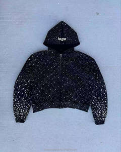Vente en gros de sweats à capuche zippés pour hommes, personnalisés, de haute qualité, en coton, style hip-hop streetwear, avec strass, en molleton bouclette, coupe carrée et courte - Product Image 1