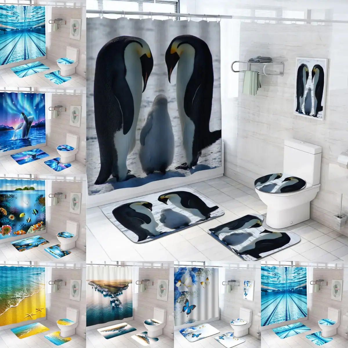 Rideau de douche personnalisé en polyester PEVA, imperméable et résistant à la moisissure, pour salle de bain, impression pingouin 3D, hôtel, vente d'usine