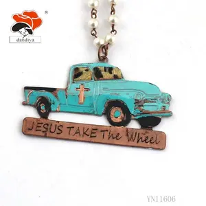 JESUS TAKE THE WHEEL Vintage Car Necklace blue truck Imitation Horse hair leopard with pearl jewelry necklace