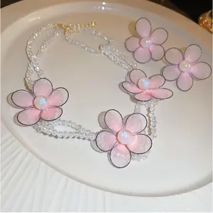 Neues Design Rosa Farbe Blumen Perle Ohrring Halskette für Frauen Mode Süße Kristall Perlen Kette Halskette Schmuck Set
