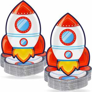 Platos de Papel con Diseño de Cohete Espacial Moderno, 9 Pulgadas, Artículos y Decoraciones para Fiestas de Cumpleaños Infantiles - Product Image 1