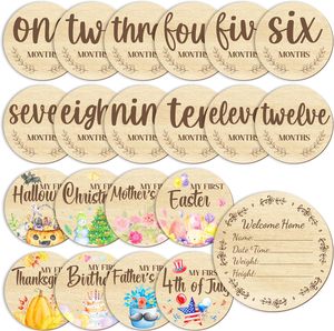 Carte Fotografiche Mensili in Legno Incise per Neonati, Accessori per Foto di Tappe Importanti del Bambino, Doppia Faccia, per Annuncio Nascita - Product Image 1