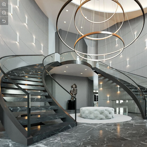 <span class=keywords><strong>Escalier</strong></span> d'entrée large en duplex, intérieur, contemporain, durable, en bois et en acier inoxydable incurvé - Product Image 1