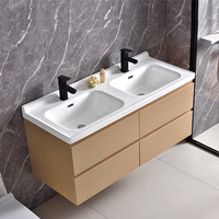 Meuble-lavabo rectangulaire moderne en contreplaqué avec vasque en céramique, égouttoir en acier inoxydable et finition résistante à l'eau pour mobilier de salle de bain d'hôtel
