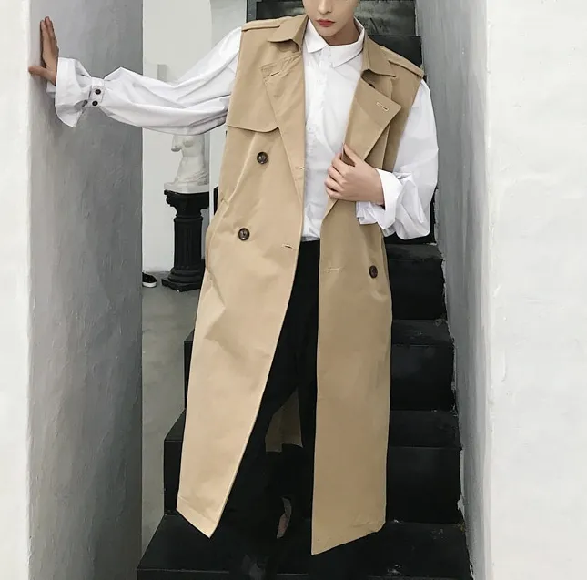 loose waistcoat style men's wear harajuku cotton gabardine double breasted sleeveless trench coat