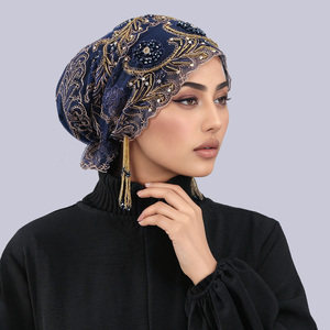 Netzstoff-Perlenrohr Kombiniert mit Acryl-Diamantfaden-Hut für Dubai Arabische Muslimische Frauen Spitzen-Stickerei Perlen Hijab-Kappen - Product Image 4