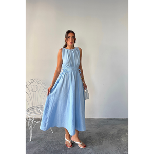 Vestido Maxi Azul de Muselina Sin Mangas con Cintura Elástica, Vestido Casual Talla S - Product Image 1