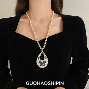 Vintage Butterfly Pendant Necklace Long Chain Gemstone Sweater Chain For Women Fashion Jewelry Accessories White And Black Color - Product Image 3