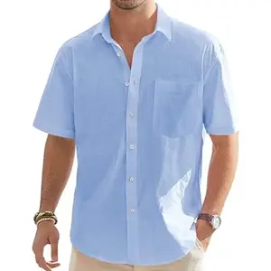 2024 Summer new Men's Cotton and Linen Short-sleeved shirt Solid color Casual Button shirt Beach summer Men's shirt