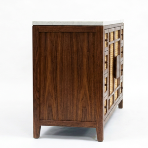 Meuble-lavabo de salle de bain moderne avec portes en rotin incrusté, en bois massif, 48 pouces, sur pied, finition foncée, forme rectangulaire, vasque en pierre, miroir inclus - Product Image 1