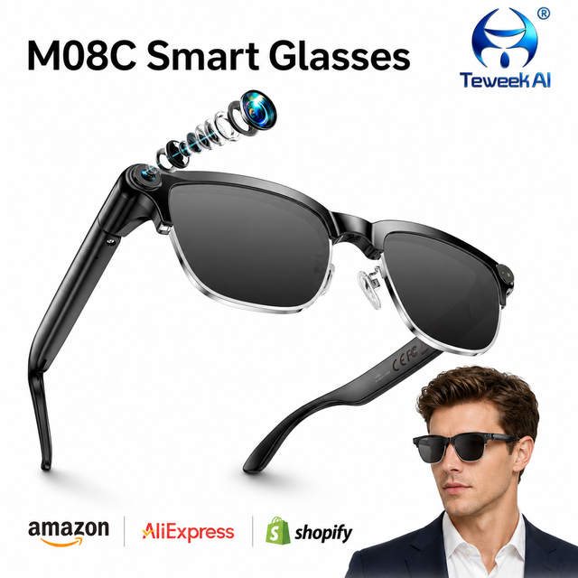 M08C Smart Camera Sunglasses Selfie Monitor Screen 1080P Video Recorder 8MP Photo IPX4 Water Resistant 300mAh Battery Wireless