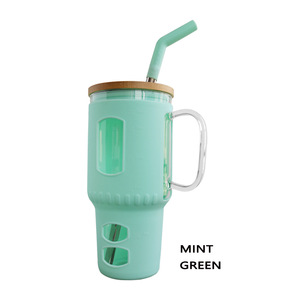 Cấp thực phẩm uống 32oz tái sử dụng <span class=keywords><strong>cup</strong></span> Silicone tay áo Glass Tumbler với nắp tre và xử lý - Product Image 3