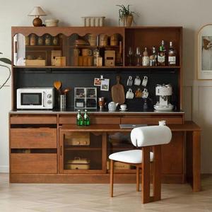 Retro Vintage Solid Wood <b>Sideboard</b> Dining Table With Slab Stone Extendable Design For Small Apartments Living Room - Product Image 1