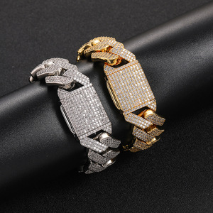 20mm 3-<b>Band</b> Diamond-Cut Geometric Moissanite Curb Bracelet Fully Flooded Iced 925 Silver 24K Real Gold Finish Custom Wholesalers - Product Image 5