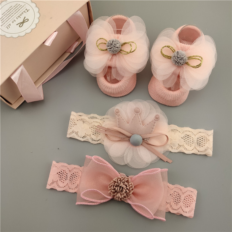 3792 Lace Flower Baby Girl Headband Socks Set Crown Bows Newborn Hairband Headbands Girls Turban Baby Hair Accessories 3Pcs/Set