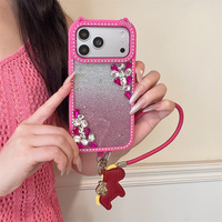Coque de téléphone scintillante avec cadre oreilles de chat et strass double coin pour iPhone 17 Pro Max 16 15 14, avec cordon pendentif poney brillant