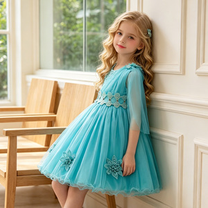 Kids' Flower Girl Dress Blue Tulle A-Line O-Neck Medium Large Size For Wedding Party - Product Image 1