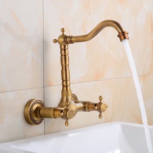 <span class=keywords><strong>Robinet</strong></span> <span class=keywords><strong>mural</strong></span> de cuisine et salle de bain HUBEN en laiton antique, design classique européen, double poignée, finition brossée bleu et blanc - Product Image 4