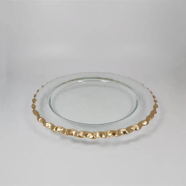 Hot Sale Luxury Glass Tableware Gold Rim Dishes & Plates Glass Charger Plates Gold Beading Glass Plates For Hotel Party