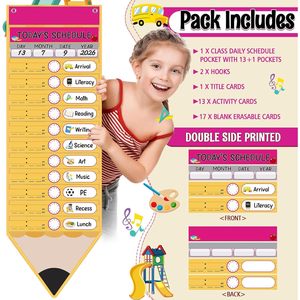 Daily Schedule Pocket Chart 31 Pencil Cards 14 Pockets Time Management Back to School Classroom <b>Decor</b> - Product Image 3