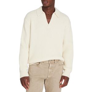 Custom ODM OEM Knitwear Manufacturers 7 GG Ribbed Knit Solid White <strong>Jumper</strong> Turn-Down <strong>Neck</strong> Old Money <strong>Polo</strong> Sweater <strong>Men</strong> - Product Image 1