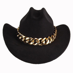 Chapeau de cowboy noir en polyester, forme dôme, avec chaîne décorative, M56-58cm, accessoire de mode, style individualiste - Product Image 2