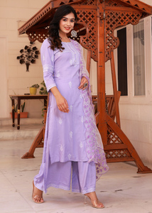 Hermosos Conjuntos de Kurta, Palazzo y Dupatta Casuales de Algodón Color Lavanda, Mejor Precio, Venta al Por Mayor para Mujeres, OEM - Product Image 4