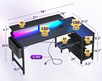 Bureau de jeu avec ports de charge USB et éclairage LED, bureau d'ordinateur en forme de L réversible avec étagères de rangement et support pour écran