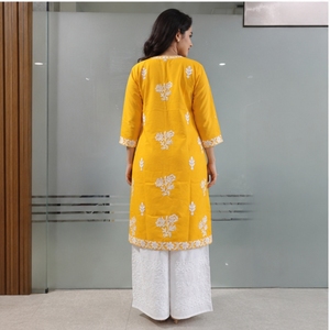 <b>Women</b> Yellow Embroidered <b>Kurta</b> Palazzo Set Cotton Ethnic Wear Traditional Designer Kurti Set for Casual Festive Wear - Product Image 2