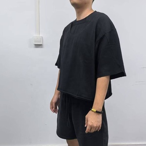 Fabrication T-shirt personnalisé Double col manches courtes imprimé Boxy Distressed Tee Shirt Vintage Faded Washed T Shirt Hommes - Product Image 4