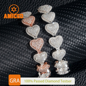 Bijoux fins Hip Hop Cœur Moissanite Diamant 13mm Argent Or rose mélangé Chaîne cubaine Bracelet - Product Image 1