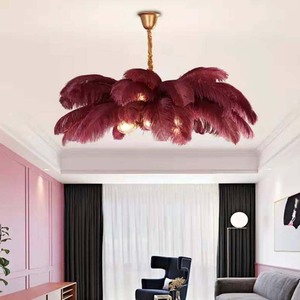 Lampadario Decorativo in Piume di Struzzo Marroni Soffici, Diametro 120cm, 48 Pollici, Lampada a Sospensione Artistica LED con Telecomando - Product Image 1