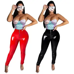 Sexy PU Leather Pants Women Glossy Patent Leather Pants Zipper Fall Women Clothing Solid Color Trousers Female High Waist Pants