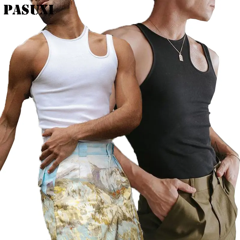 PASUXI 핫 세일 여름 섹시 컷 아웃 민소매 티셔츠 슬림 핏 단색 탱크 탑 플러스 사이즈 남성 체육관 의류