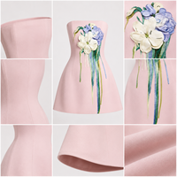 Fabrication de vêtements OEM, robe personnalisée rose sans bretelles, imprimé floral, taille cintrée, mini robe en forme de A