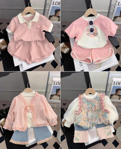 Conjunto de Roupas de Moda para Meninas no Verão, Top com Renda Listrado e Shorts de Jeans, Conjunto de Duas Peças - Product Image 1