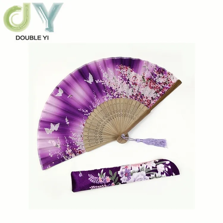 Custom Japanese style purple butterfly bamboo folding hand fan with silk pouch