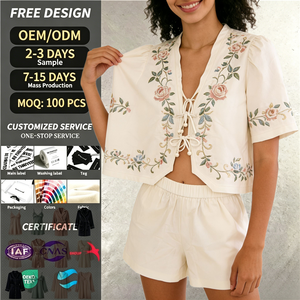 Ensemble <span class=keywords><strong>de</strong></span> pyjama 2 pièces brodé floral personnalisé pour <span class=keywords><strong>femme</strong></span>, en coton tissé doux, manches courtes, vêtements <span class=keywords><strong>de</strong></span> <span class=keywords><strong>nuit</strong></span> décontractés, OEM - Product Image 1