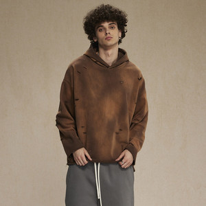 American Style High Street Loose Old Retro Rip <strong>Rap</strong> Edge Solid Terry Hooded Sweatshirt Jacket <strong>Boys</strong> Autumn 100% Cotton Distressed - Product Image 2
