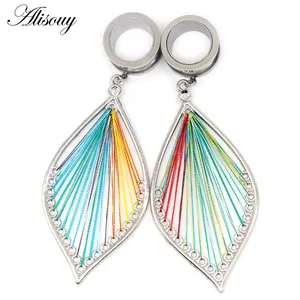 Alisouy 2PC Bouchons d'oreille Tunnel Jauges weave Leaves Dangle Ear Stretcher Stainless Steel Body Piercing Jewelry Screw ear Expander