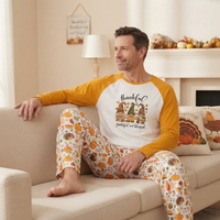 Personalisierte Thanksgiving Familien-Pyjamas mit Dankbarkeits- und Segensmotiv, Truthahn-Print, Langarm-Oberteil und Hose, Loungewear-Set