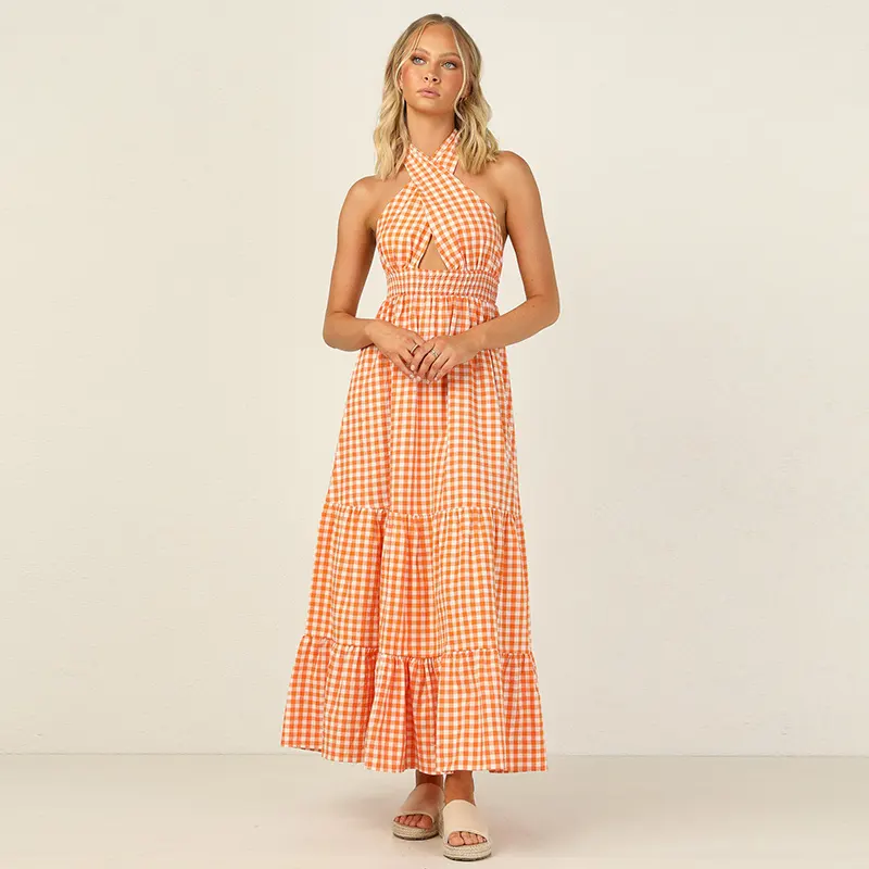 Summer customize orange gingham pattern sexy front cross over halter neck backless long maxi dress