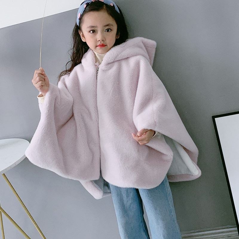 Girls Hooded Winter Faux Fur Cloak Coat Cute Pink Kids Outerwear