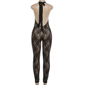 Women Sheer Lace Halter Neck Jumpsuit Bodycon One Piece Full Length Clubwear Outfit Halter Neck Lace <strong>Mesh</strong> <strong>Catsuit</strong> for Women - Product Image 6
