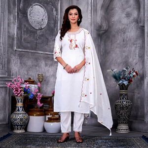 White Embroidered Cotton <b>Kurta</b> Set With Straight Pants And Dupatta <b>Women</b> Indian Ethnic Wear - Product Image 1