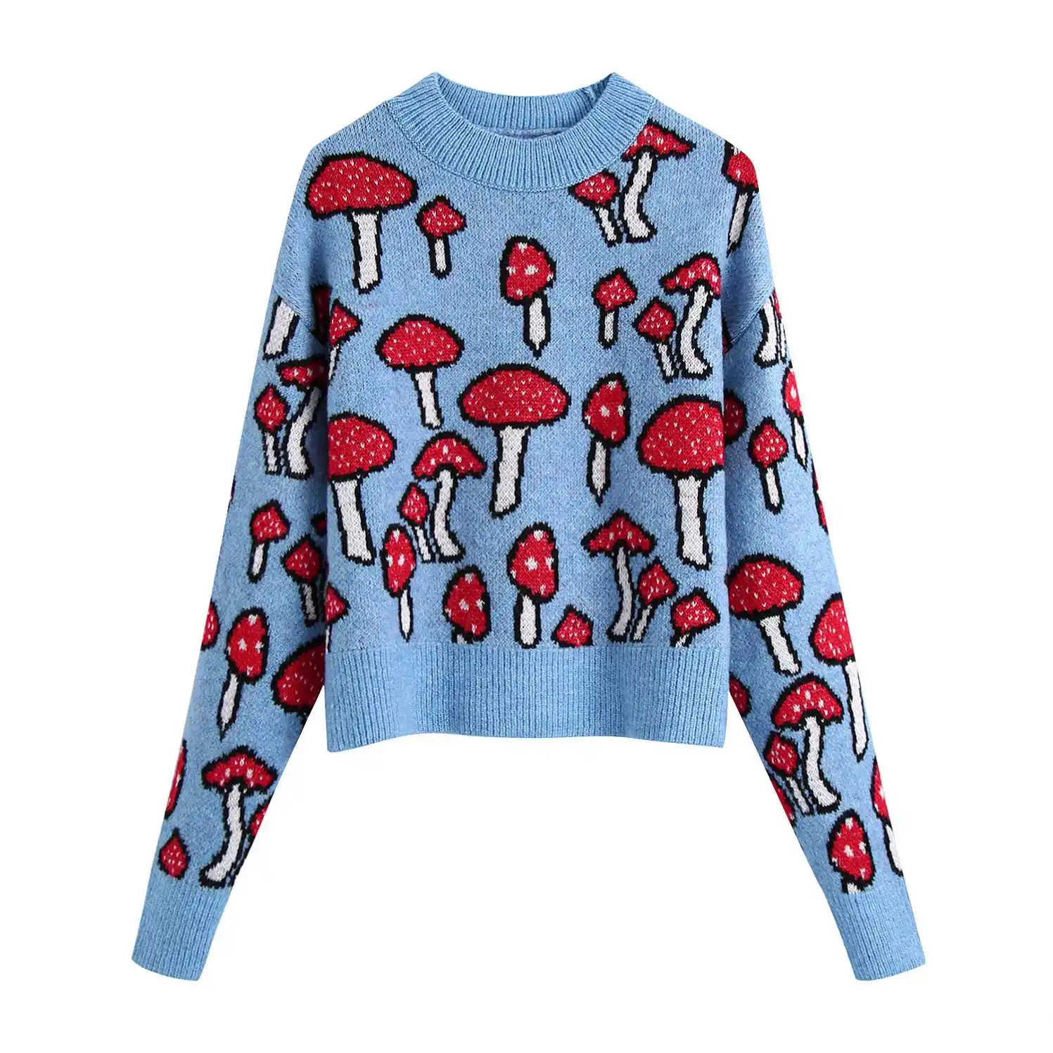 SH1646 Elegant casual warm winter mushroom pattern crew neck blue color long sleeve knit jumper women causal pullover sweater