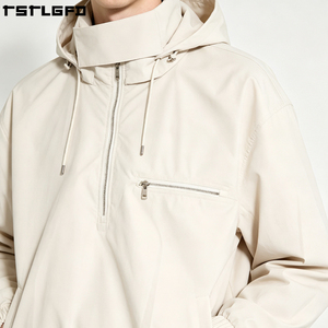 Veste coupe-vent en popeline cirée OEM/ODM, tissu technique, couleur crème pierre, demi-zip, à capuche, style streetwear minimaliste, vente en gros - Product Image 6