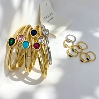 Ensemble Bracelet et Bague Classiques en Cuivre Goutte d'Eau avec Zircon Rouge et CZ Multicolores, Bijoux Délicats à Empiler pour le Bureau et le Quotidien