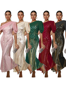 2026 In-Stock Hot Sale European and American New Style Women's Dress One-Shoulder Chiffon <b>Patchwork</b> Sequin Long Dress Party Gown - Product Image 1